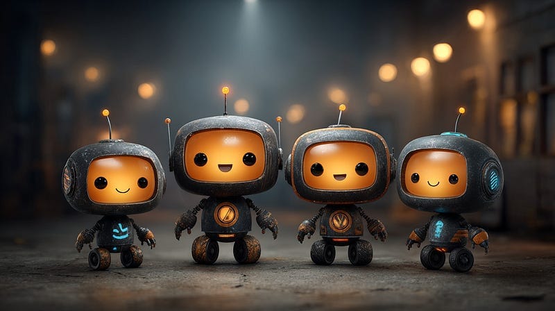 Four cute miniature robots with rounded metallic bodies, glowing orange face screens displaying friendly smiles, small antenn