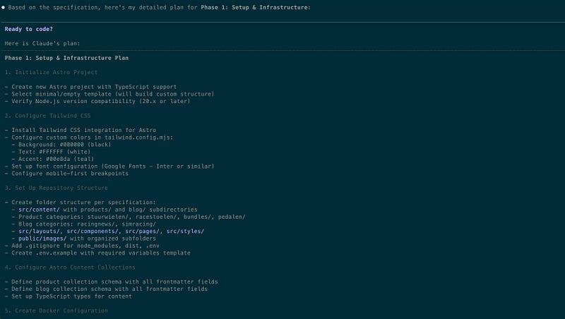 Terminal screenshot showing Claude Code’s detailed Phase 1 implementation plan, including Astro project setup, Tailwind CSS configuration, repository structure, content collections, and Docker configuration steps