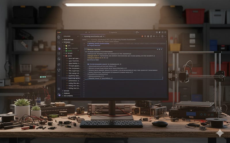 VS Code editor displaying a detailed specification document on a monitor, surrounded by a maker workspace with 3D printer, electronic components, and development tools