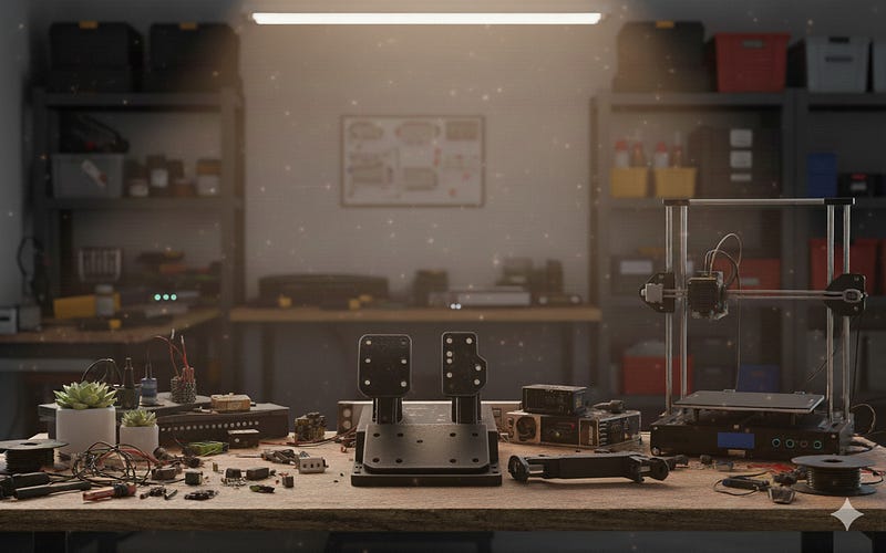 3D printed sim racing pedals on a maker workbench surrounded by electronic components, circuit boards, and a 3D printer, with scattered parts illustrating the challenges of hardware prototyping
