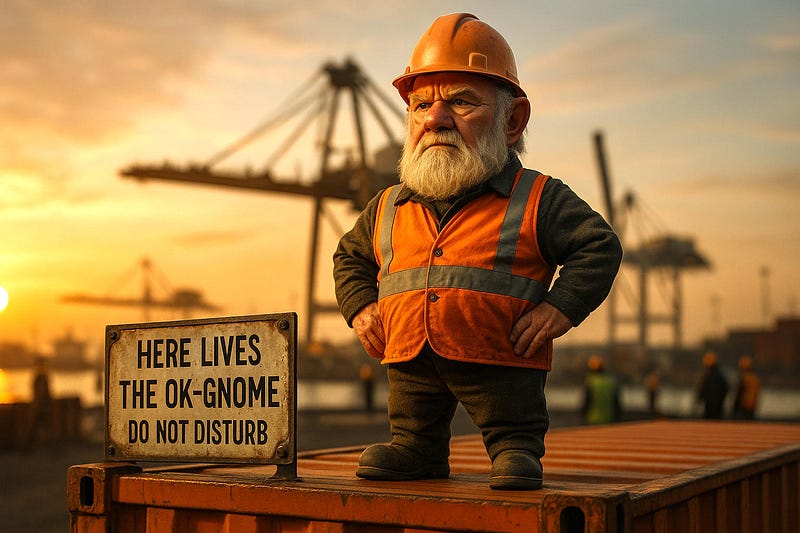 A small gnome figure dressed as a dockworker in orange safety gear and hard hat stands next to a wooden sign reading ‘HERE LIVES THE OK-GNOME DO NOT DISTURB’ with harbor cranes visible in the golden sunset background.