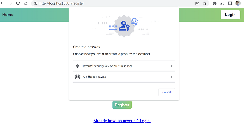 The register screen with a WebAuthn dialog where you can make a choice between registering with an external security key or a different device.