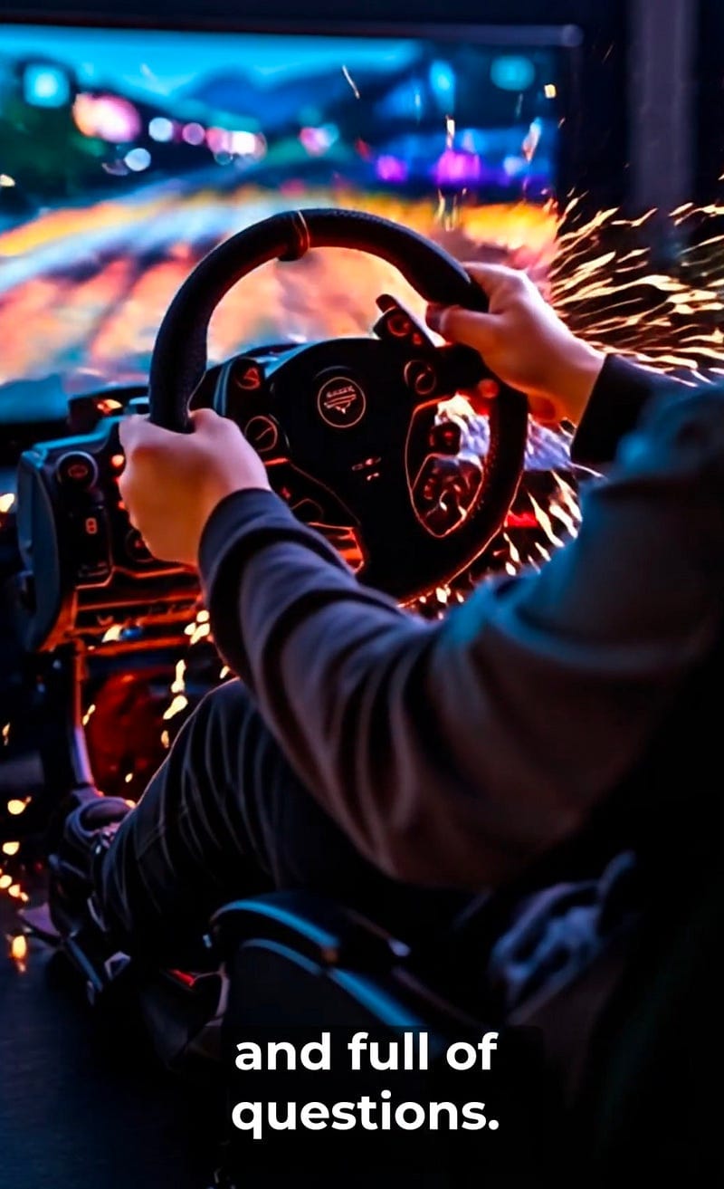 A screenshot of an Instagram Reel showing a simracer racing with sparks flying around.