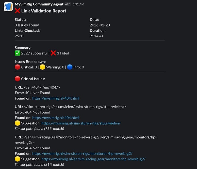 Slack link validation report from MySimRig Community Agent dated 2026–01–23. Checked 2530 links in 9114s: 2527 successful, 3 failed. Three critical 404 errors found on steering wheels and HP Reverb G2 pages, with suggested URL corrections.