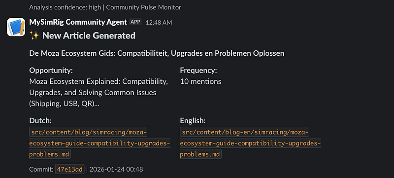Slack notification from MySimRig Community Agent announcing new auto-generated article about Moza Ecosystem compatibility and troubleshooting. Based on 10 community mentions, created in Dutch and English versions, committed 2026–01–24.