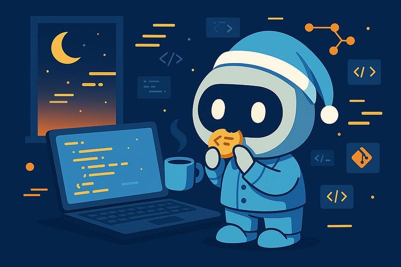 A cute blue robot wearing a winter hat sits at a laptop computer, holding a steaming mug of coffee. The scene shows a cozy ni