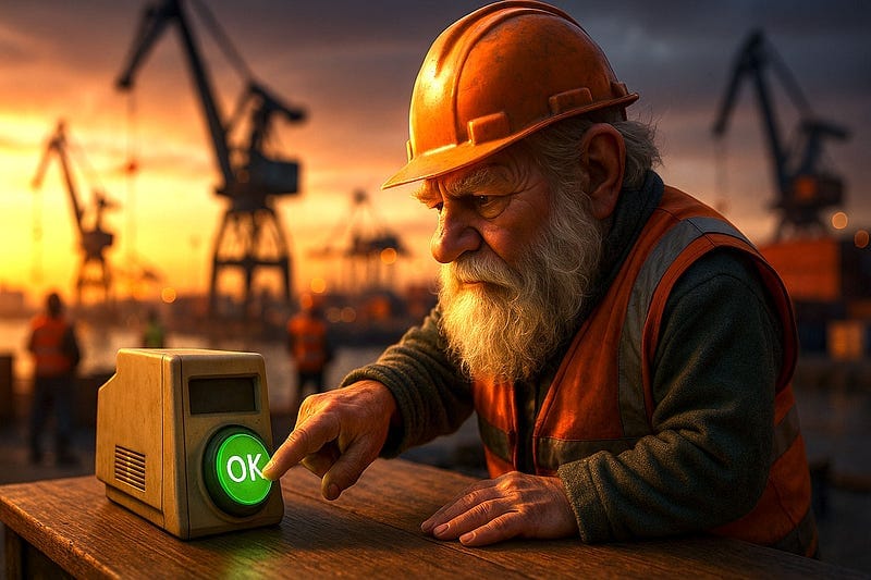 A weathered dockworker with a gray beard wearing an orange hard hat sits at a harbor terminal, his hand positioned over a glo