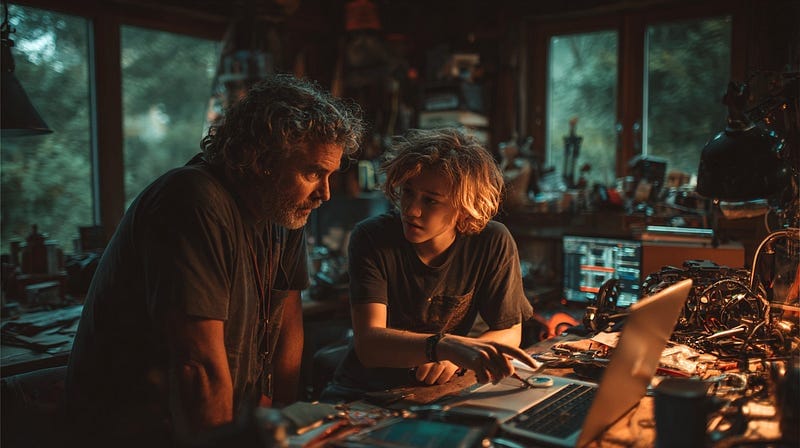 Father and son collaborating at a laptop in a workshop, surrounded by technical equipment and racing sim components, with nat