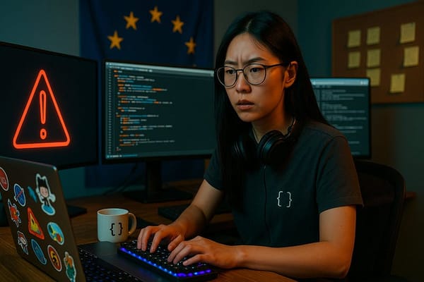 A focused software developer in a dimly lit office types on a back‑lit keyboard; one monitor shows a red warning triangle, an