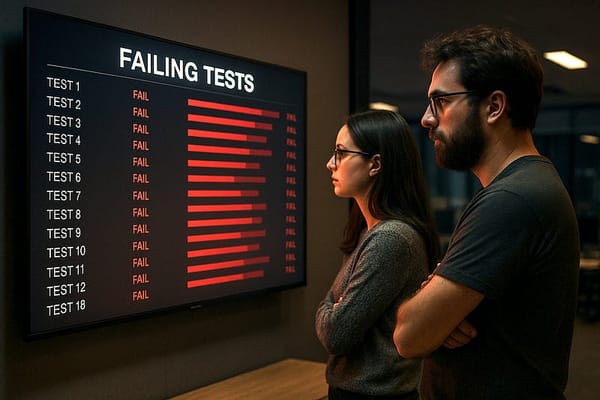 Two frustrated developers stare at a large monitor displaying a dashboard titled ‘FAILING TESTS’. The screen shows twelve tes