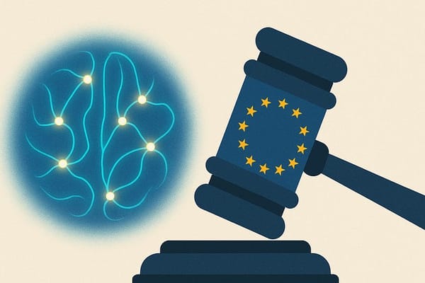 Illustration showing a stylized blue neural network brain on the left facing an EU-branded gavel on the right, symbolizing th