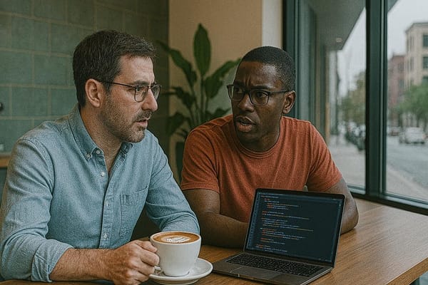 Two software developers engaged in serious discussion at a café table. One person in a light blue button-up shirt holds a cof