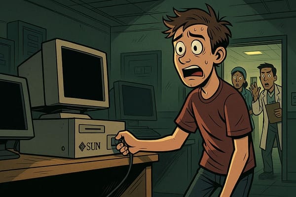 Illustration showing a panicked young man in a brown t-shirt reaching for the power switch on a beige Sun Microsystems comput