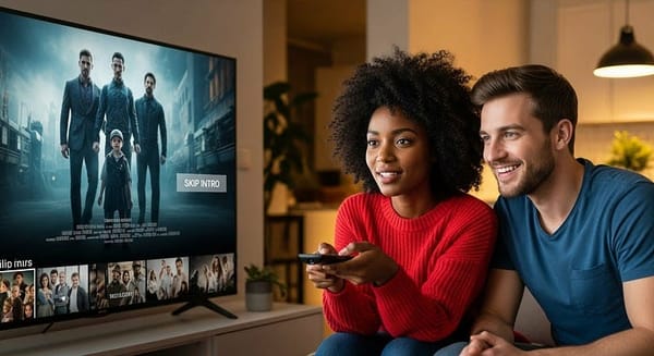 A couple sits together on a couch in a cozy living room, watching a streaming service on their large wall-mounted TV. The wom